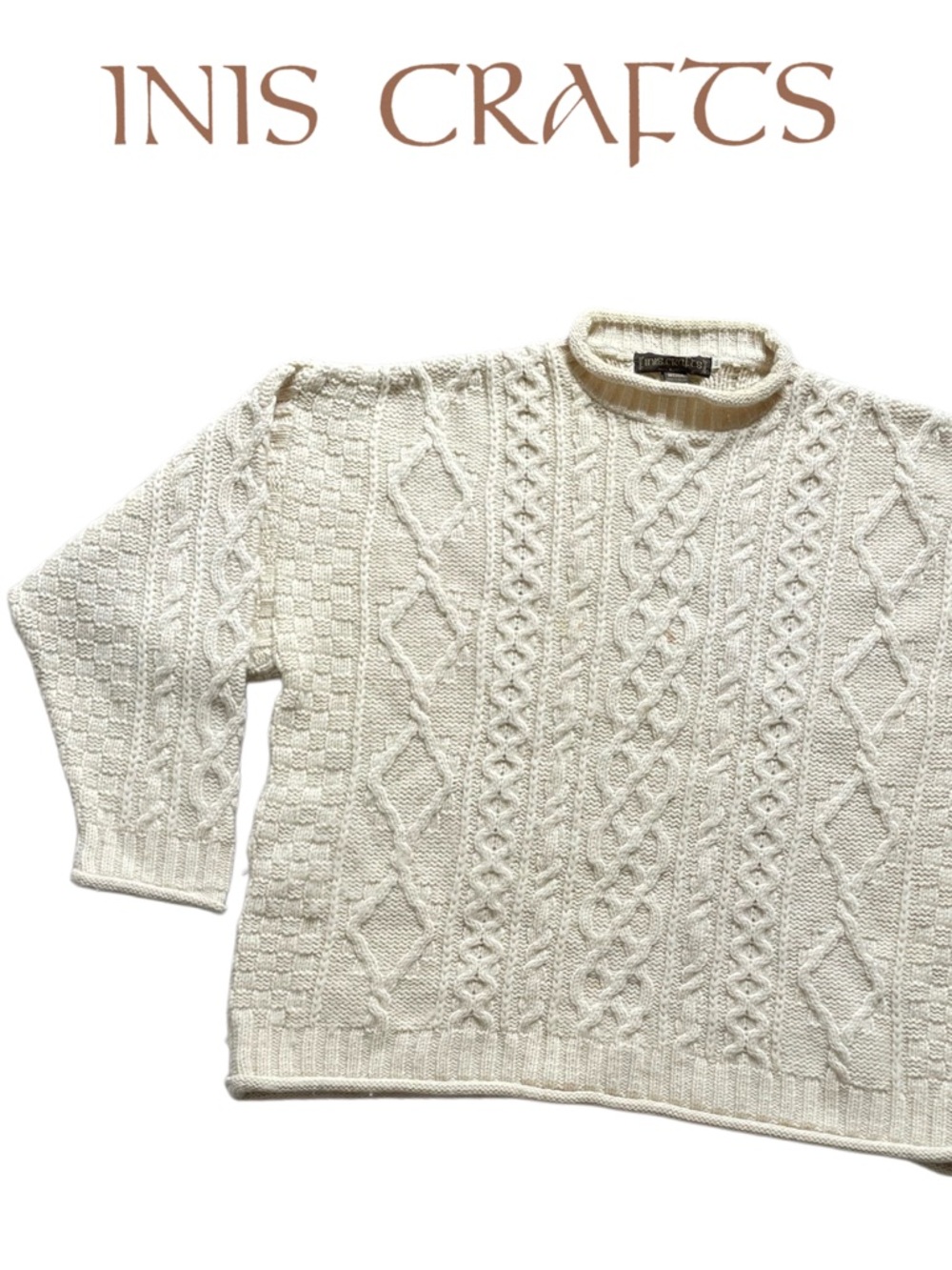 INIS CRAFTS IRELAND Men’s Fisherman Aran Style Ivory Cable Knit Wool Sweater